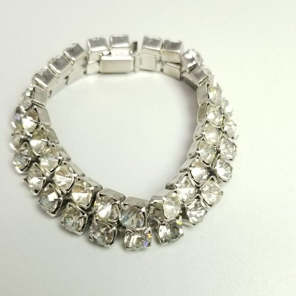 Vintage Rhinestone Two Row Bangle Bracelet, Silver Tone Prong Set, Retro Estate - Picture 2 of 6